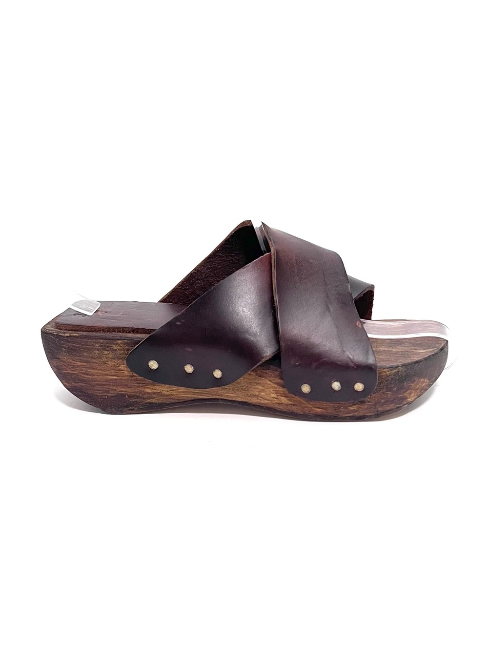 Vintage 1970s brown leather criss cross wooden sole platform sandals